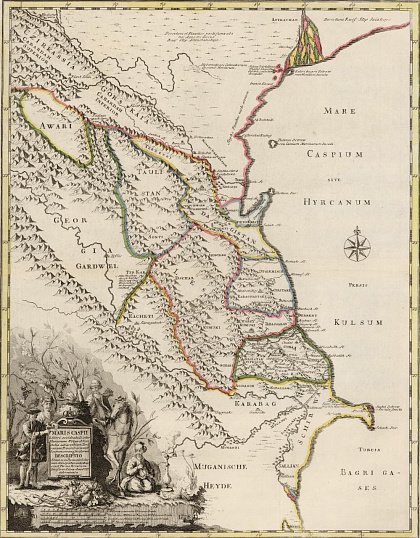 Карта Восточного Кавказа, составленная этнографом И. Г. Гербером в 1728 году