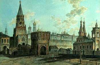 Кремлевская стена, Троицкий мост, Троицкая и Кутафья башни. Справа - церковь Николы в Сапожке. 1800-е