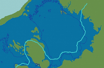 Ладожское озеро как часть Балтийского ледникового озера (между 12 200 и 10 500 лет назад). Голубая линия — граница покровного оледенения 13 300 лет назад.