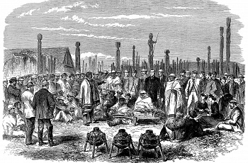 Встреча Европейев и Маори в провинции Хокс-Бей. Гравюра, 1863